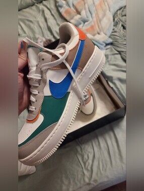 Nike White Teal Blue Orange Low-Top Sneaker - Womens Size 12 Air Force 1